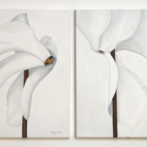 Flower Canvas Painting White Cyclamen Flowers Floral Wall Decor Botanical Diptych Original Art 2 Panel Wall Art image 2