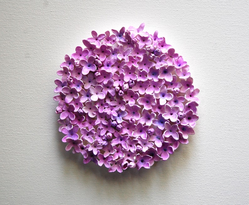 May include: A circular arrangement of small, purple flowers, resembling a cluster of lilacs, on a white background.