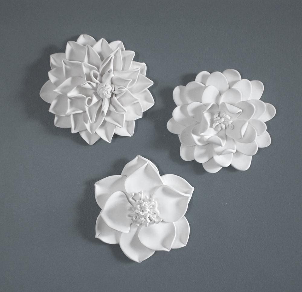 3D White Flower Wall Sculpture 3pc: Minimalist Modern Organic Home Accents Decor Gift