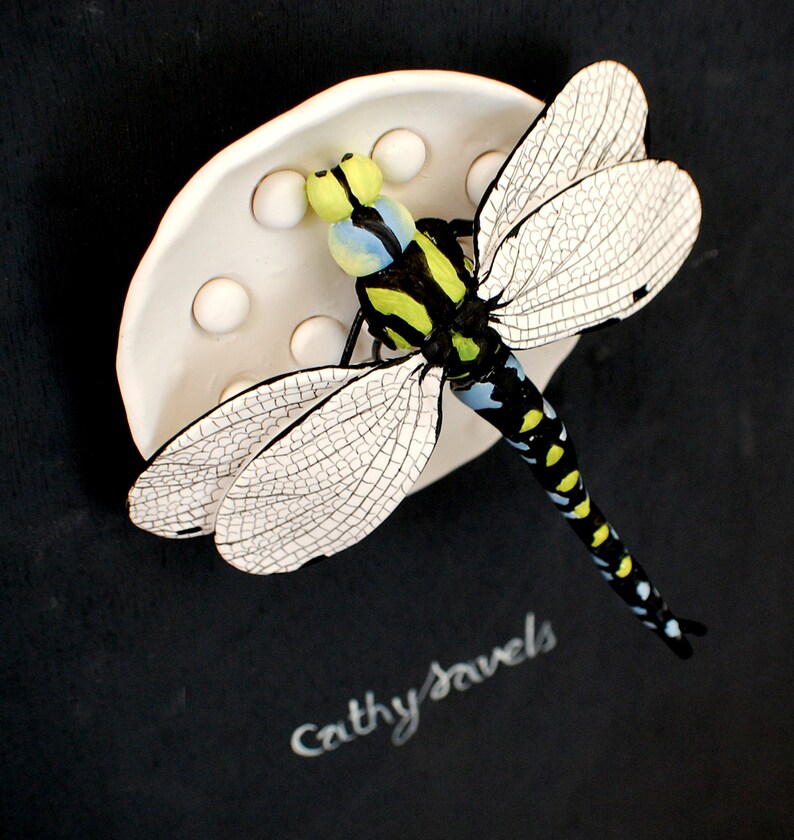 Dragonfly Sculpture Clay Wall Art Tile Insect on Lotus Bug Etsy