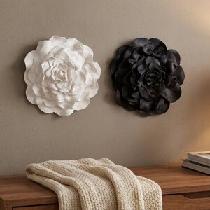 Hand-Sculpted Clay Rose Wall Flowers: Black & White Luxury Home Accent Decor (Set of 2)