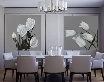 Tulips Flower Painting - White Tulips Still Life Gray Large Botanical Acrylic Wall Art Painting on Canvas Dining Room Decor