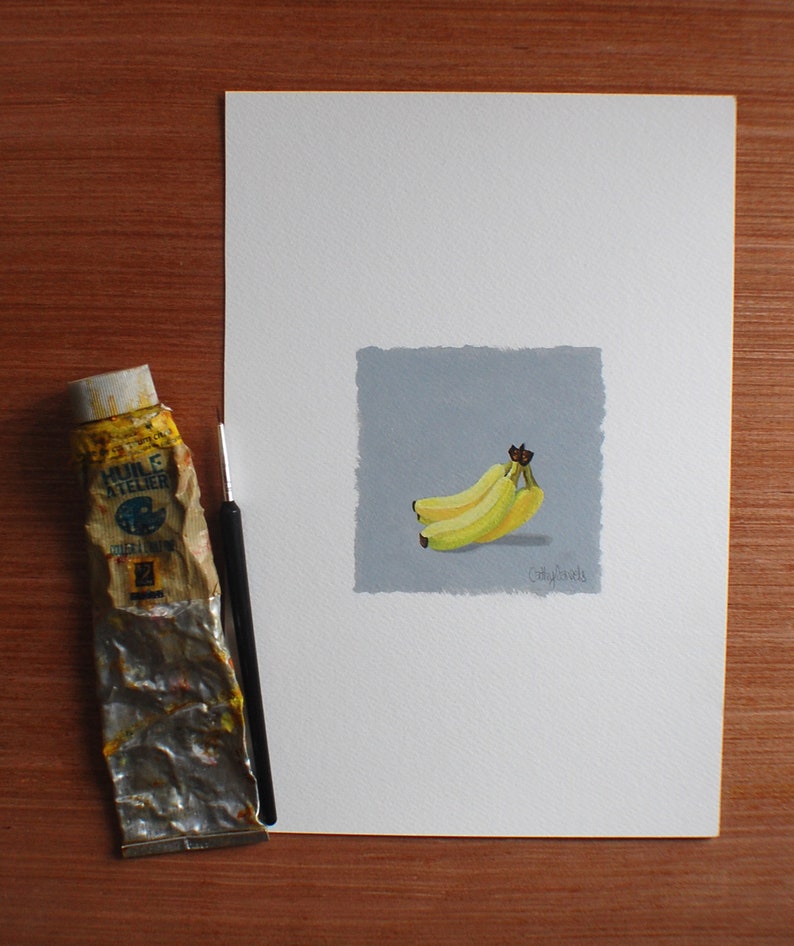 Banana Oil Painting  Small Wall Art Yellow Fruit on Gray image 1