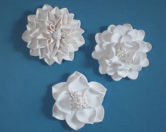 Flowers Wall Sculptures Art - Dimensional Wall Decor Accents in White