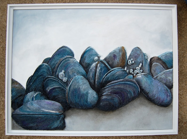 Mussels Seashell Wall Art Nautical Coastal Ocean Beach House Decor in Gray Blue image 3