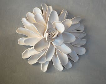 Flower Wall Sculpture - Textured Garden Inspired White Clay Flower Circle Modern Minimalist Wall Hanging