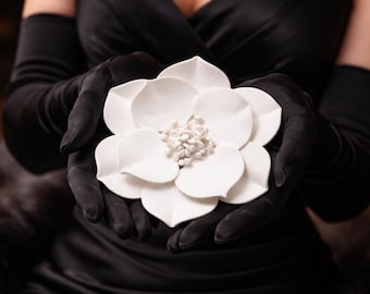 White Clay Dimensional Magnolia Flower Wall Sculpture - Textured Minimalist Floral Art