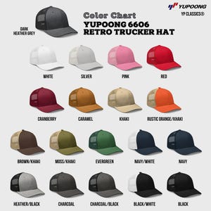 Może przedstawiać: Karta kolor&oacute;w czapek typu Trucker Retro Yupoong 6606 w r&oacute;żnych kolorach, w tym ciemnoszarym melanżu, białym, srebrnym, r&oacute;żowym, czerwonym, żurawinowym, karmelowym, khaki i rdzawym pomarańczowym/khaki. Inne kolory to brązowy/khaki, mech/khaki, zielony, granatowy/biały, granatowy, melanż/czarny, węgiel drzewny, węgiel drzewny/czarny, czarny/biały i czarny.