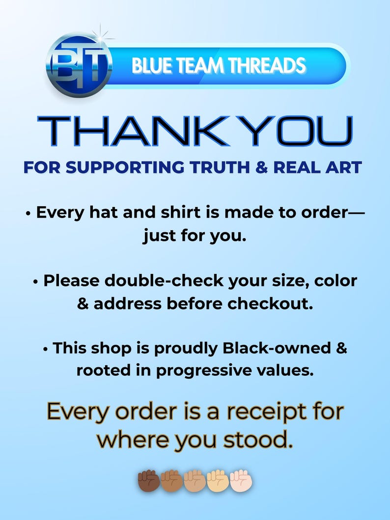 Może przedstawiać: Jasnoniebieska grafika z tekstem "BLUE TEAM THREADS" i "THANK YOU". Grafika zawiera r&oacute;wnież tekst "FOR SUPPORTING TRUTH & REAL ART" oraz inne informacje o wartościach sklepu. Na dole grafiki znajduje się seria pięści w r&oacute;żnych odcieniach sk&oacute;ry.