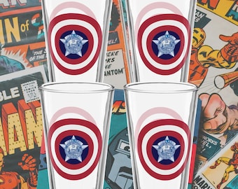 Juego de 4 vasos de pinta del Capitán América de la Policía de Chicago, coleccionables de cómics de DC para hombres, regalo de cumpleaños para él, ideas de regalo de cumpleaños para novios.
