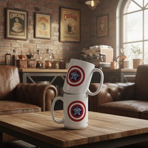 May include: Two white coffee mugs stacked on a wooden table. Each mug features a red and blue shield design with a star in the center. The mugs are in a coffee shop setting with vintage coffee-themed wall art.