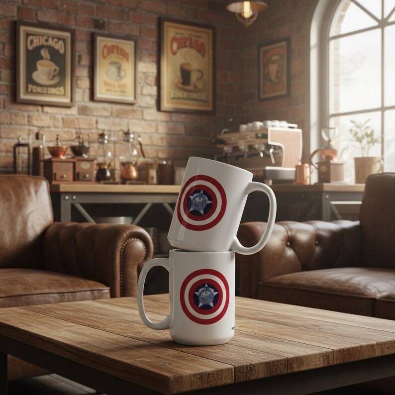 May include: Two white coffee mugs stacked on a wooden table. Each mug features a red and blue shield design with a star in the center. The mugs are in a coffee shop setting with vintage coffee-themed wall art.