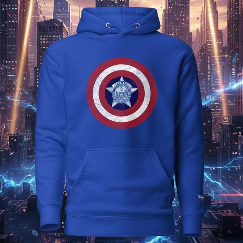 Puede incluir: Una sudadera con capucha azul real con un dise&ntilde;o de escudo en la parte delantera. El escudo tiene un patr&oacute;n circular rojo y blanco con un emblema central. La sudadera tiene un bolsillo de canguro y una capucha con cord&oacute;n.