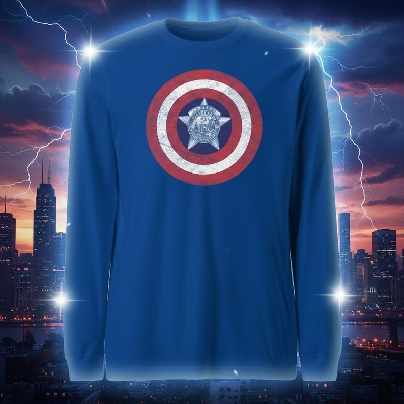 May include: A long-sleeved blue shirt featuring a shield design with red and white stripes and a silver star emblem at the center. The shirt's design is reminiscent of a superhero shield. The background shows a city skyline with lightning.