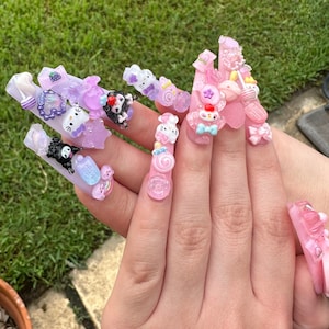 Kawaii pink and purple deco nails/ Gyaru Nails/ Handmade press on gel Nails/junk nails