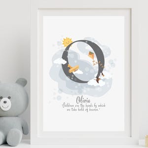 Pôster com inicial de nome personalizado. Impressão de arte de parede de berçário com tema de céu personalizado. Métricas digitais de recém-nascidos. Decoração de quarto infantil em aquarela.