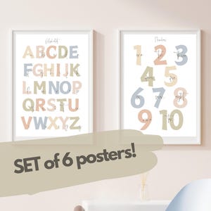 Educational posters for kids set of 6. Pastel nursery wall art. Classroom print for learning abc, numbers, weather, shapes, colors, clothes.