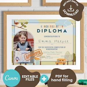 Bearbeitbare Kindergarten-Diplomvorlagen. Vorschulabschluss-Zertifikat 3er-Bundle. Digitales Zeugnis mit Foto. Ausdruckbares Kinderdiplom.