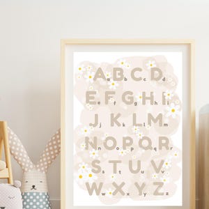 Daisy Alphabet Numbers Poster: Beige Nursery Wall Art (Digital Printable)