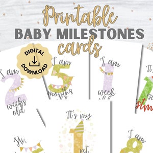 Cartes d'étapes importantes pour bébé. Jeu imprimable de 24 cartes d'étapes hebdomadaires et mensuelles. Cartes d'étape pour nouveau-nés sur le thème des guirlandes à téléchargement numérique.