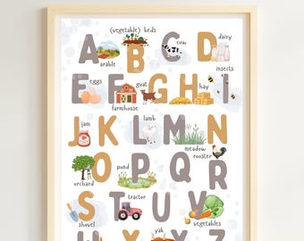 Affiches éducatives sur le thème de la ferme. Art mural pour chambre d'enfant imprimable alphabet et chiffres. Affiches d'apprentissage pour les enfants avec des illustrations d'articles de ferme.