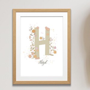 Póster inicial personalizado con temática floral. Arte floral personalizado para pared de bebé. Medidas para recién nacidos. Impresión digital de nombre para la decoración de la habitación infantil.