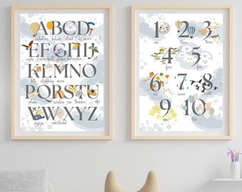 Art mural éducatif pour chambre d'enfant, thème du ciel. Affiche ABC et chiffres pour enfants. Alphabet imprimable avec images. Impression numérique pour décoration de chambre d'enfant.