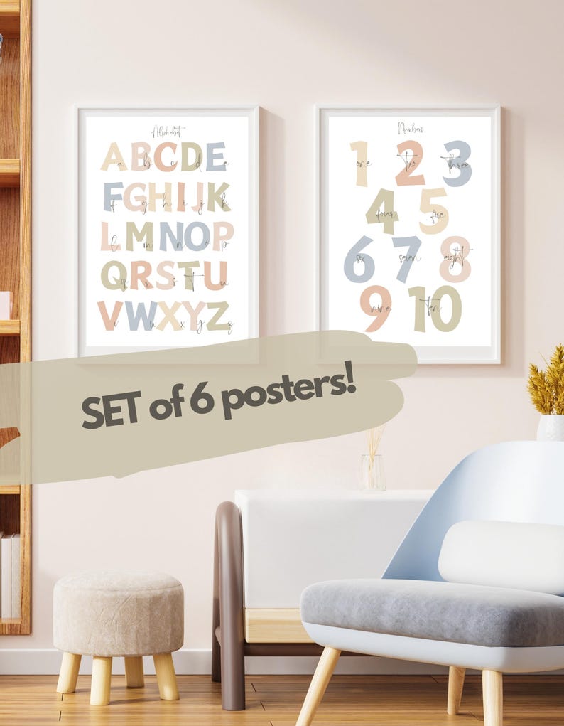 Pastel Educational Posters for Kids: ABC, Numbers, Shapes (set of 6 ...