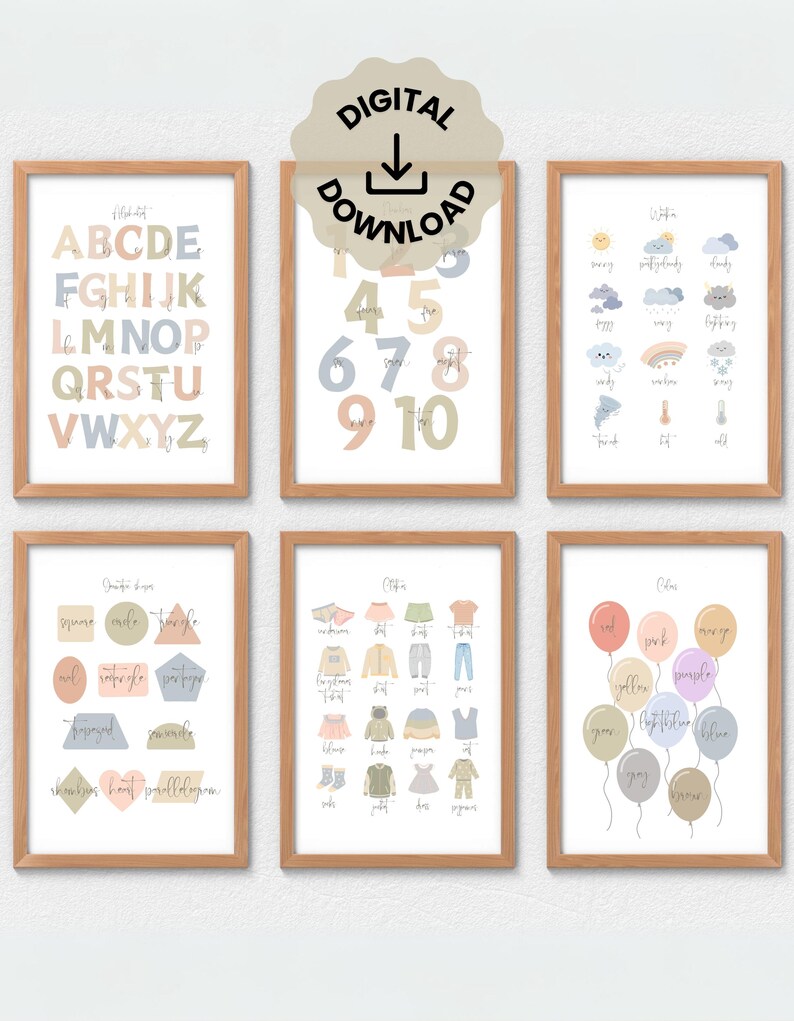 Pastel Educational Posters for Kids: ABC, Numbers, Shapes (set of 6 ...