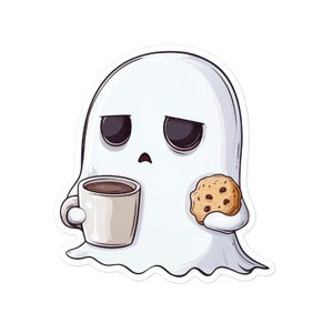 May include: A cartoon ghost with a sad expression is holding a cup of coffee and a chocolate chip cookie.