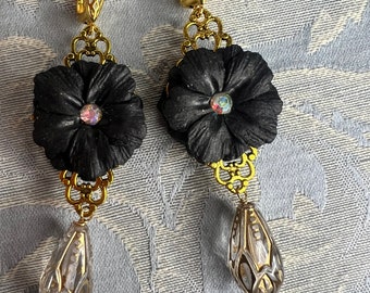 Black Flower Filagree Drop Earrings