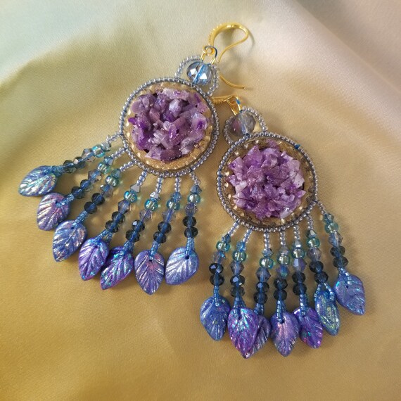 Blue Leaves with Fuschia Cab Earrings Blue Leaves with Fuschia Cab Earrings