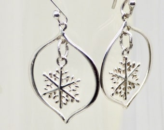 Statement Sterling Silver Snowflake Earrings, Arabesque Geometric Snow Dangles, Winter Fashion Accessory, Nature Inspired  Birthday Gift.