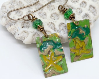 Starfish Earrings, Yellow Dangles, Green Earrings, Starfish Jewelry, Handmade Patina Earrings, Beach Jewelry, Ocean Earrings, Gift for Her