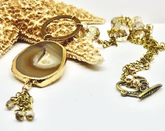 Geode Agate Slice Necklace: Long Beaded Crystal Chain, Artisan Boho Gift