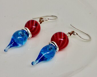 modern red and blue lampwork statement earrings, silver and vintage blue glass and red globe drops, contemporary art jewelry, gift for her