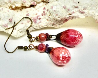 Rustic Red Rose Teardrop Earrings: Handmade Ceramic Boho Drops