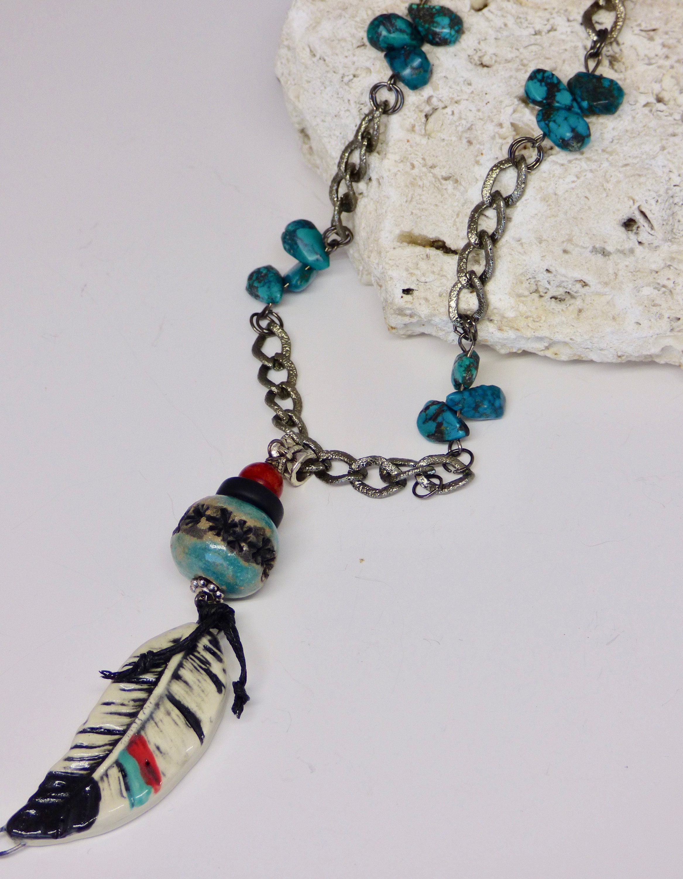 Feather Necklace, Southwest Jewelry, Talisman Turquoise Red, Feather ...