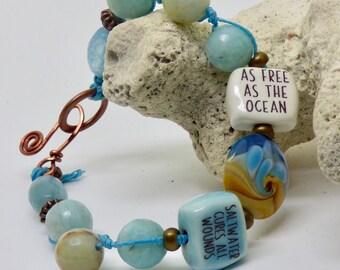 Ocean Bracelet, Beach Lover Copper Art Jewelry, Blue BoHo Summer Bracelet, Life Inspiration, Positive Affirmation, Self Care Summer Gift