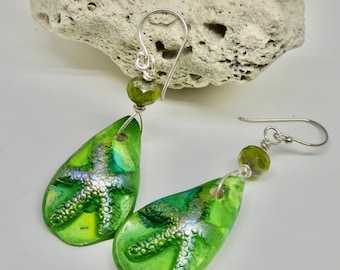 Boho Green Ocean Beach Dangles, Starfish Earrings,  Nautical Art Jewelry, Unique Nature Inspired Gift for Salt Water Lover