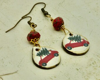 Christmas Tree Heading Home  Earrings,  Fun Holiday Dangles for Her, casual red and green Old Fashioned  Nostalgic December drops,  Gift