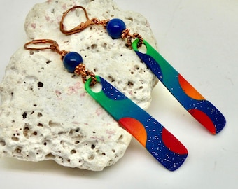 Modern blue geometric earrings: long multicolored contemporary dangles