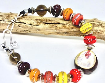 Farmhouse Chicken Bracelet, Lampwork Glass Beads, Sterling Silver Clasp