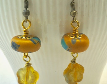 Yellow Floral Turquoise Art Earrings with Movement, Long Teal and Gold Geometric Drops, Sunflower Dangles, Bright Peacock Earrings, Gift