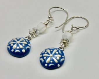 Snowflake Earrings, Sterling Silver Snow Dangles, Geometric Blue Earrings, Sophisticated Statement Earrings, Circle Jewelry, Gift for Her