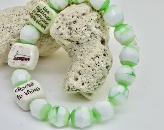 beacon lighthouse in storm, handmade beaded stretch bracelet, vintage chartreuse green and white art jewelry, positive affirmation message,