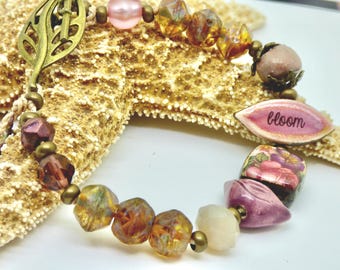 Boho Floral Beaded Bracelet: Pink Flowers, Czech Glass, Bronze Leaf Clasp