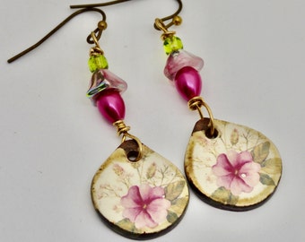 pink and white floral earrings,  rose and green botanical flower dangles, boho hippie summer statement drops, nature inspired, gift for her