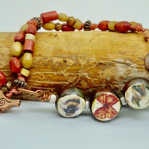 Handmade Beaded Bracelet: Bee, Butterfly, Duck, Wood Beads, Copper Clasp