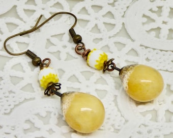 Handmade Ceramic Teardrop Earrings: Rustic Yellow Dangles